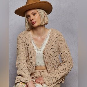 NEW POL Mocha Crochet Knitted V Neck Button Cardigan One Size Boho Knit Cardigan